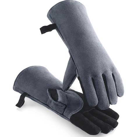 Heat Resistant Gloves Leather Gloves for Barbecue, Oven, Welding, Gardening Cowhide Leather Long Cuff for Wood Stove, Oven, Welding and Insert, Black Grey (1/5)