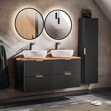 Petits-Meubles – Ensemble meuble double vasque 120cm – Colonne suspendue avec 3 étagères – Panneaux mélaminé et MDF – Vasques en céramique