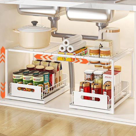 Rangement Sous Évier Extensible 2 Niveaux en Métal, Blanc, B-Style (1/5)