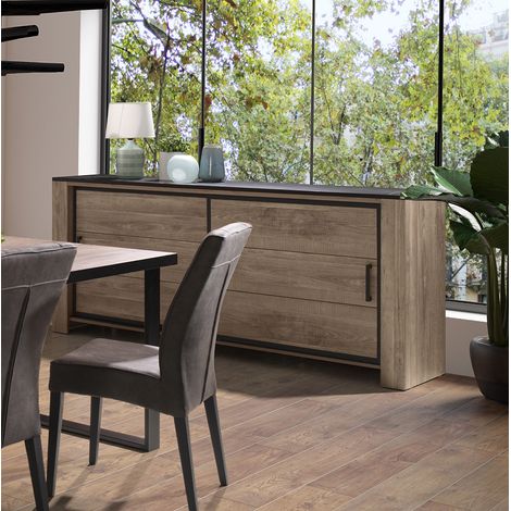 Buffet/bahut moderne 220 cm chêne/marbré noir Casagrande (1/4)
