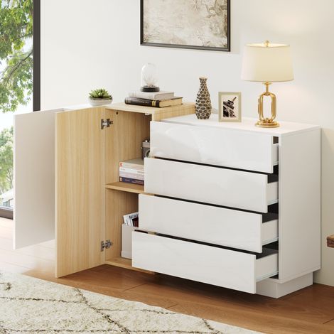 Buffet 140x35x81cm 4 tiroirs 2 portes, commode, meuble de cuisine, MDF, blanc + naturel (1/5)
