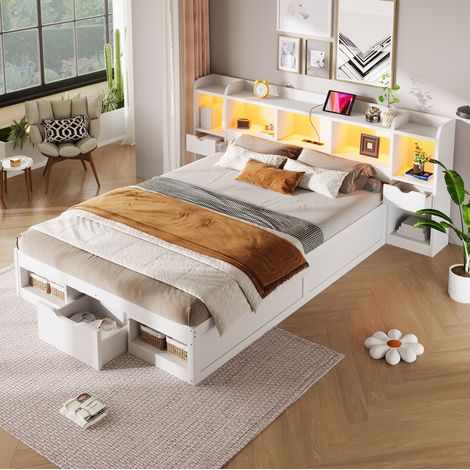 Letto a piattaforma 140x200 cm bianco in MDF e compensato con LED, USB e contenitori (1/5)