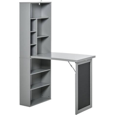 Grey Folding Convertible Desk with Blackboard-Multi-Functional Office Workstation with Side Shelf for Home Use