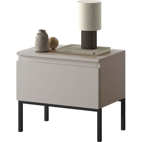 Selsey – Table de chevet taupe 49x43x32cm – Panneau mélaminé et MDF – Pieds en acier noir – Rangement pratique avec étagère (1/5)