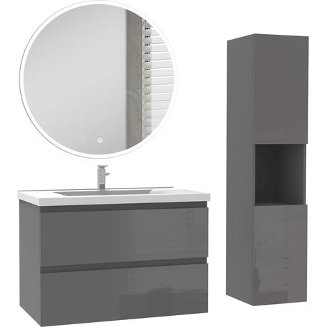 Ocean Ensemble de Meuble salle de bain 79cm + miroir led rond + colonne 131.5cm, anthracite Haut Brillant