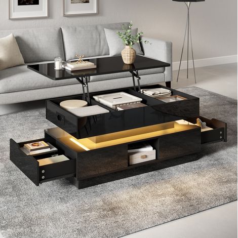 Tavolino da caffè 90x48x42.5 cm nero in MDF lucido con piano sollevabile, LED, presa integrata e contenitore (1/5)