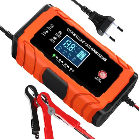 Caricabatteria per auto 10A, caricabatterie intelligente per auto completamente automatico 12V/24V con compensazione della temperatura per auto, camion, moto, tosaerba, barca, batterie marine, rosso (1/5)