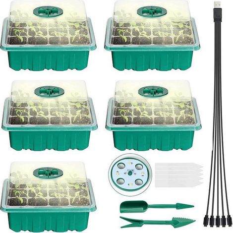 Bandeja de 5 piezas para semilleros, propagador de plantas con luz, acolchada y ventana ajustable para invernaderos y jardines (verde) (1/5)