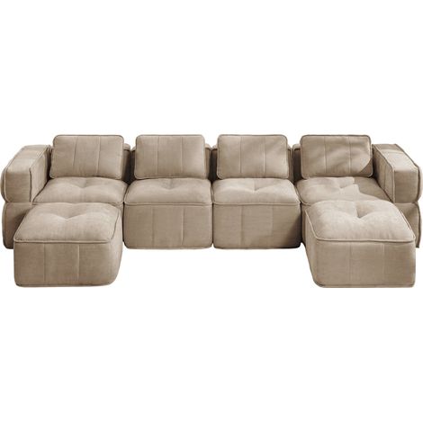 Sofá modular en U de 4 plazas sin estructura con 2 taburetes, espuma 32D, poliéster, color arena (1/5)