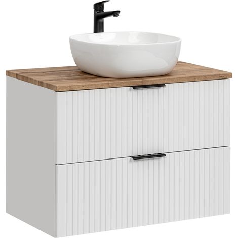 Badmöbel Waschtisch Unterschrank Set 80 cm matt weiß mit Wotaneiche, 2 Softclose Schubkästen, 42 cm Keramik-Waschbecken, B/H/T 80,6/74,2/46,5 cm (1/5)