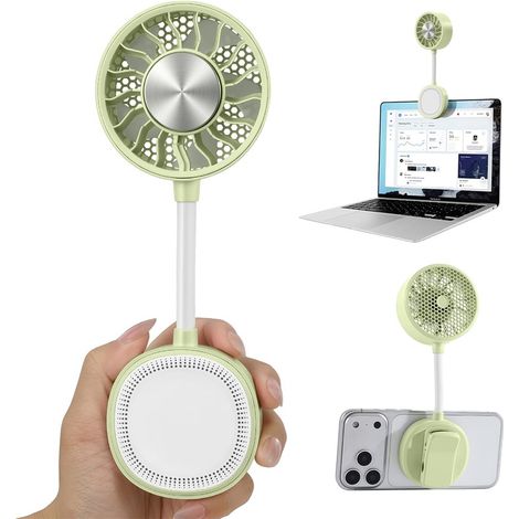 Ventilateur magnétique téléphone 3-en-1 clip rechargeable support 360° flexible vert bureau sport maquillage voyage été compact (1/5)
