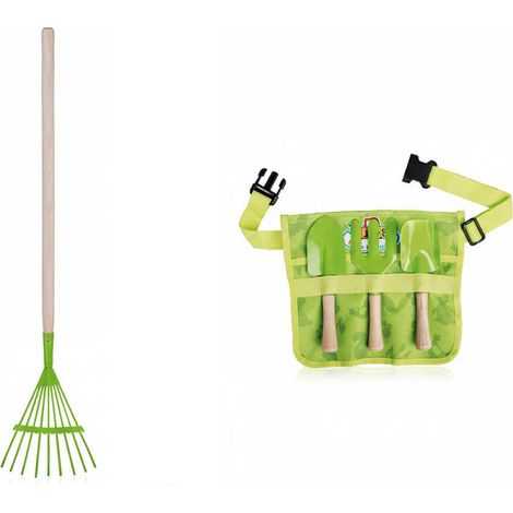 Pack Petit Jardinier - Ceinture avec 3 outils + râteau de feuille bois et métal - Esschert Design