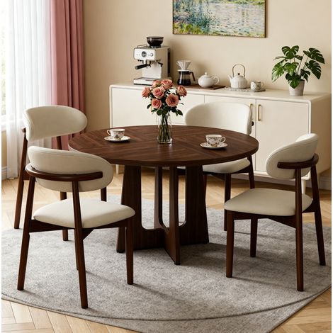 Ensemble table et chaises avec table ronde Ø 120 cm et 4 chaises en PU, plateau MDF effet noyer, pieds en bois