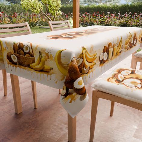 Nappe Anti-Taches Rectangulaire (140 x 180 cm) Couvre-Table de Cuisine, Motif Noix de Coco et Bananes, X6 Places, 100% fabriquée en Italie (1/5)