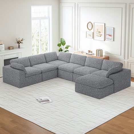 Canapé Panoramique Modulable 7 Places en Tissu Chenille,Canapé Compressé avec Sièges extra profonds de 60cm,Grand Canapé d'Angle 368x286x65 cm,Gris
