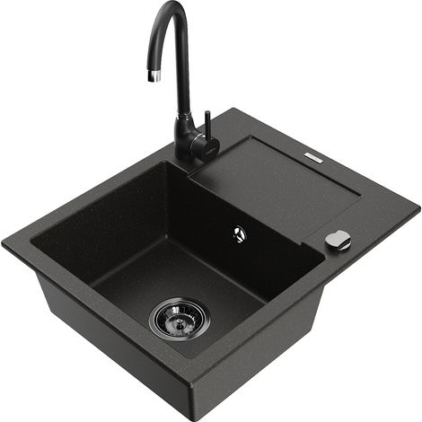 Mexen Enzo lavello in granito 1-vasca con sgocciolatoio e rubinetto da cucina Telma, nero/oro - 6506-75-670200-70-B (1/5)