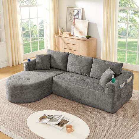 Canapé d’angle en tissu gris style lin, design L sans montage, porte-gobelet inox, poches latérales, 2 colis (1/5)