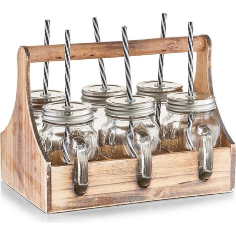 Box für Trinkgläser-Set, 6 x Glas mit Stroh, Holz, ZELLER (1/4)