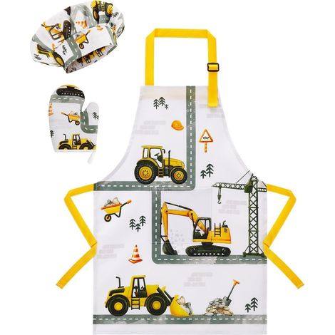 Camion Tablier Ensemble pour Garçons Imperméables Tablier de Cuisine Enfants Réglable avec Chapeau, Gant de Cuisine pour Enfant Peinture Jardinage (Très Petit,2-5 Ans) (1/5)