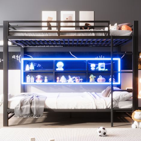 Lit superposé 140x200 cm avec rangements intégrés (armoires) et éclairage LED, panneaux de bois, noir (1/5)