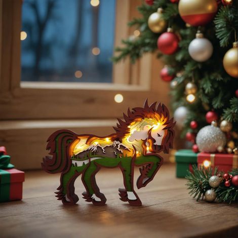 1 Statue en bois 3D Cheval avec LED, Sculpture animale décorative pour salon, décoration intérieure élégante et apaisante (1/5)