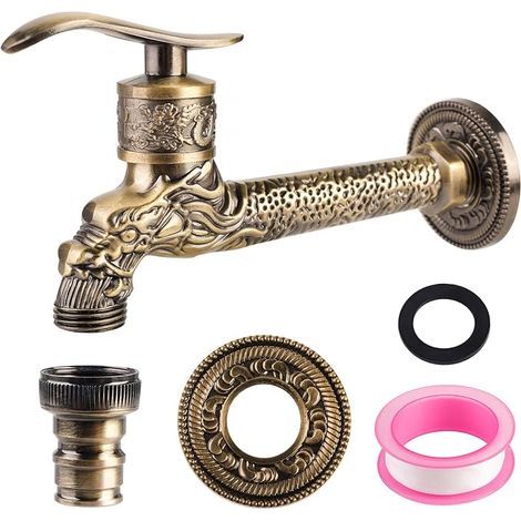 Vintage Faucet, Antique Brass Faucet, Carved Dragon Wall Mounted Faucet, Wall Mounted Faucet for Home, Kitchen, Bathroom, Garden, Outdoors (A) (1/3)