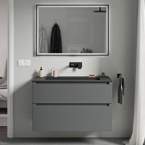 Unterschrank Bernstein VIREO 100 cm mit Mineralguss Waschbecken BRUXELLES - Korpus Anthrazit matt, Waschbecken Schwarz matt ohne Hahnloch