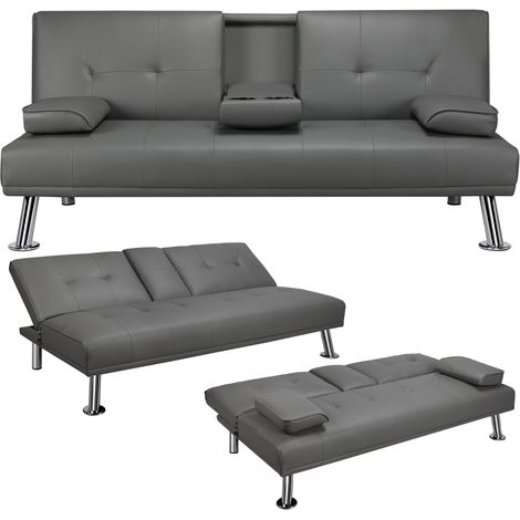 Yaheetech Divano Letto con 2 Braccioli Staccabili Divano Trasformabile Mobile Imbottito a 3 Posti Divanetto Reclinabile da Salotto con Supporto Centrale Porta Bicchieri Grigio/Finta Pelle (1/5)