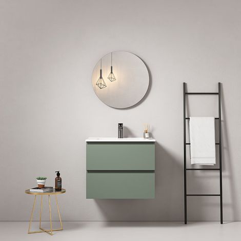 Mobile bagno sospeso 60 cm Verde Salvia Lavabo in Ceramica Specchio Tondo - Fiji Paint (1/5)