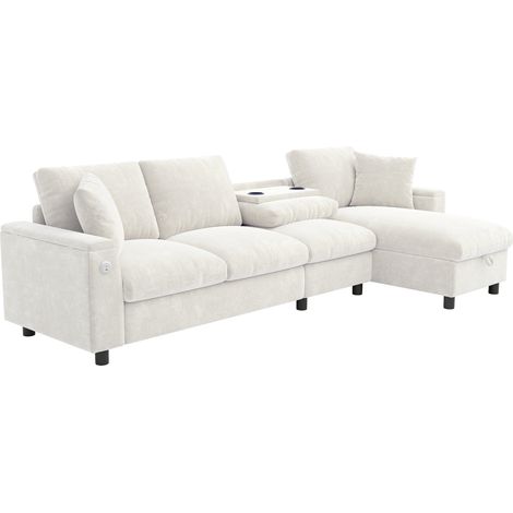 Sofá rinconero en chenilla beige con almacenamiento, mesa abatible y puertos USB y tipo C (1/5)