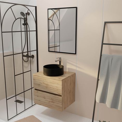 meuble salle de bains 60cm 2 tiroirs chêne naturel + vasque ronde noire 36cm et miroir 60x80cm (1/4)
