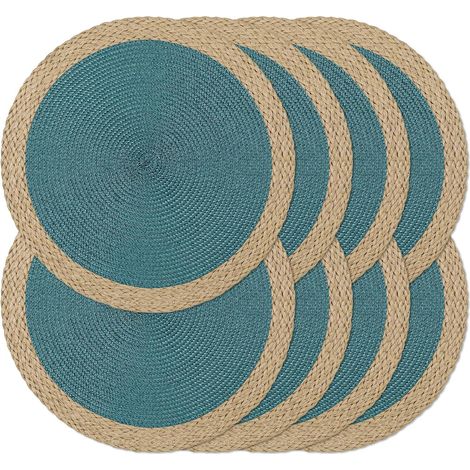 Lot de 8 sets de table ronds tressés - 38,1 cm - Antidérapants et lavables - Bords larges pour décoration de table de cuisine et salle à manger (bleu, 8)'Bord Large Marron, Bleu 8 pcs'Bord Large Marro (1/5)