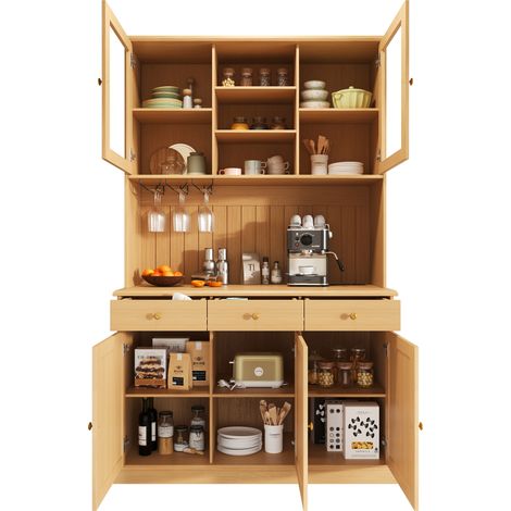 Buffet haut salle à manger 120x40x191 cm, vaisselier avec portes en verre, meuble de rangement avec prises et USB, bois naturel (1/5)