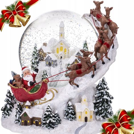 Caja de música con bola de nieve de cristal y figura de Papá Noel en un trineo. (1/5)