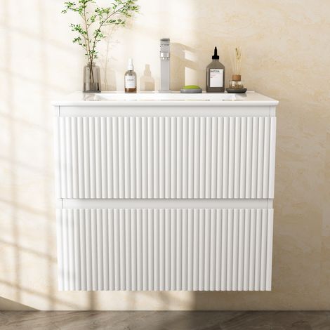 Badezimmerschrank mit Waschbecken 60 cm, 2 Schubladen, Wandmontage, für Gäste-WC & kleine Badezimmer, 52x61x46 cm, Weiß (1/5)