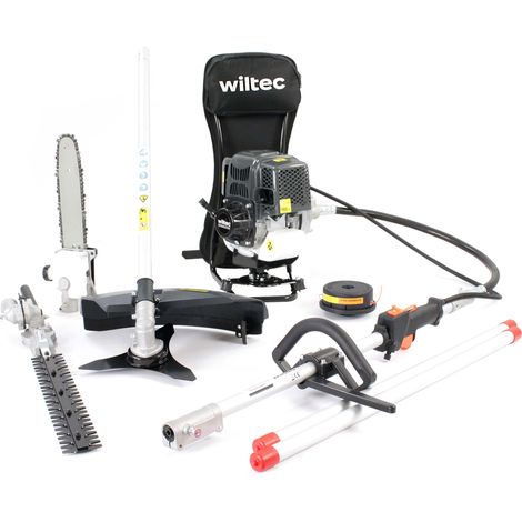 Wiltec – Outil de jardin multifonction 4 en 1 – Moteur 4 temps 0,9 kW – Longueur de coupe 400 mm – Sac à dos anti-vibrations – Pour buissons et arbres