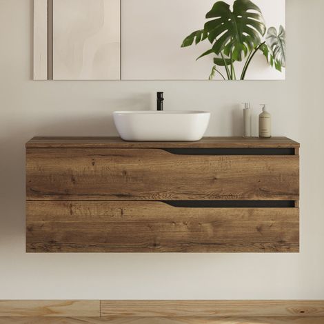 Meuble de salle de bain 120cm avec plateau et vasque à poser zeus - 2 tiroirs - sans miroir - tabaco (chêne foncé) - LUNA (1/5)
