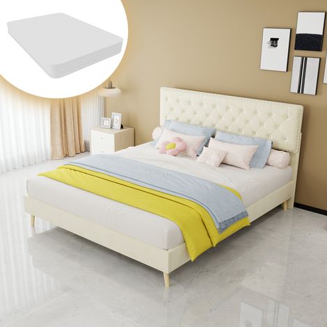 Cama tapizada (200.0x160.0x156.0 cm), con cabecero alto, incluye colchón, espacio de almacenaje, tejido y metal beige (1/5)