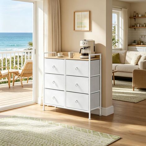 Cassettiera con 6 cassetti 80x29x78 cm, struttura in metallo, piedini regolabili, tessuto e legno ingegnerizzato bianco (1/5)
