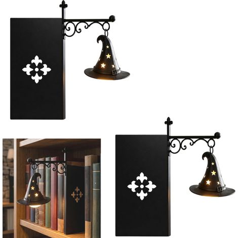 Lot de 2 serre‑livres décoratifs Halloween chapeau de sorcier, lanterne suspendue LED lumière chaude, alimentation piles boutons pour bibliothèque (1/5)