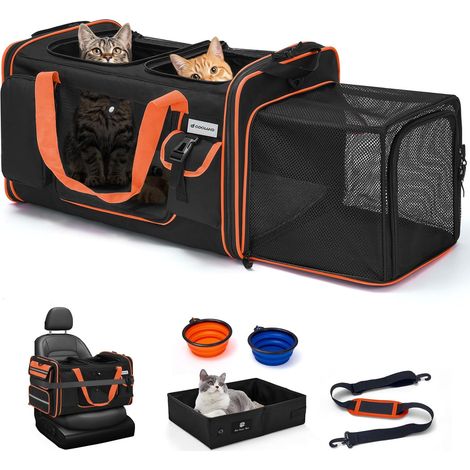 Transporteur pour Chat Extra Grand, Extensible pour 2 Chats, Sac de Voyage Pliable avec bac à litière, Double Compartiment, Transporteur Souple pour Voiture, Noir (1/5)