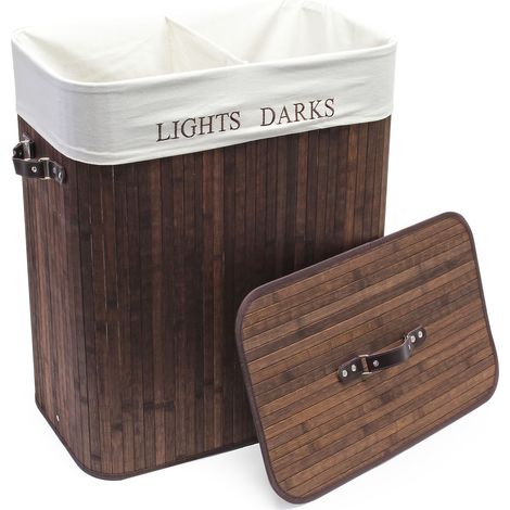 Wiltec Wäschebox 105 L braun Wäschekorb mit Deckel aus Bambus faltbare Wäschebox mit Leinensack mit 2 Fächern zum Sortieren von Schmutzwäsche