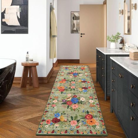 Tapis Vintage à Motif Floral, 60 x 180 cm, antidérapant, Lavable, Style bohème, Vert, idéal pour Couloir, Cuisine, Salon, Descente de lit