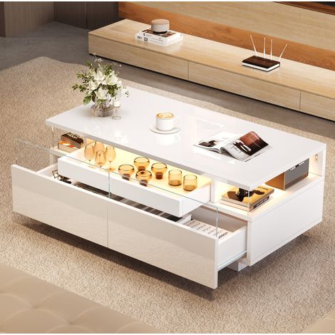 Mesa de centro 90x45x35.5 cm blanca en tablero de partículas con bandeja extraíble, 2 cajones acrílicos y LED (1/5)
