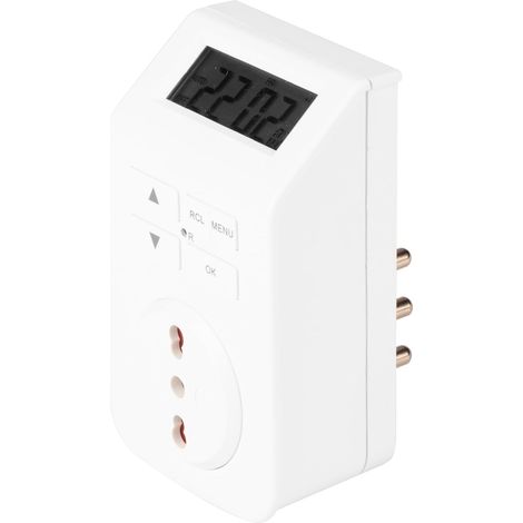 Prise électrique avec minuterie numérique hebdomadaire - Prise bivalente 10/16 A 2P et T et fiche 16 A 2P et T - Minuterie avec 14 réglages et affichage LCD (1/3)