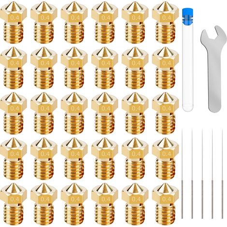 30 PCS Buse imprimante 3D,Buses D'extrudeuse,Pour L'imprimante 3D De Filament De 1.75mm E3D V5-V6,En Laiton 0.4mm Extrudeuse Nozzle D'imprimante 3D,Acier Inoxydable Aiguilles Buse De Nettoyage (1/5)