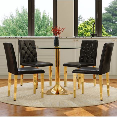 MEUBLIV Esstisch-Set mit 4 Stühlen 85 cm, Schwarz/Gold – gehärtetes Glas, 2 Pakete (1/5)