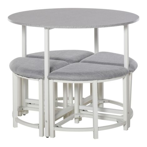 Modern Grey Round Dining Table Set with 4 Upholstered Stools for Kitchen and Dining Room Furniture