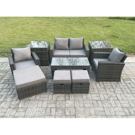 Fimous 9 PCS Outdoor Lounge Sofa Set Wicker PE Rattan Garden Furniture Set with Rectangular Coffee Table Armchair 3 Footstools Dark Grey Mixed (1/5)
