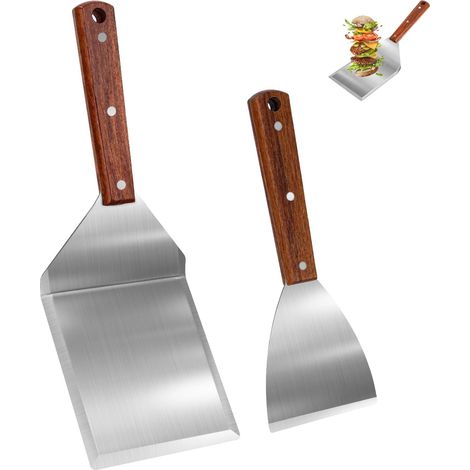 Spatule Plancha Acier Inoxydable - 1 Pièce - Manche Bois - Retourneur Gril Et Écraseur Burger - Jardin Camping Extérieur - 12,7 Cm (1/5)